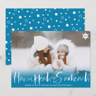Hanukkah Sameach blue overlay script menorah foto Feestdagenkaart