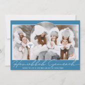 Hanukkah Sameach cool blue script menorah 3 foto's Feestdagenkaart (Voorkant)