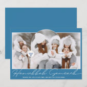 Hanukkah Sameach cool blue script menorah 3 foto's Feestdagenkaart (Voorkant / Achterkant)