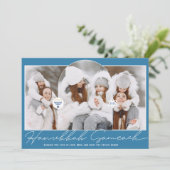 Hanukkah Sameach cool blue script menorah 3 foto's Feestdagenkaart (Staand voorkant)