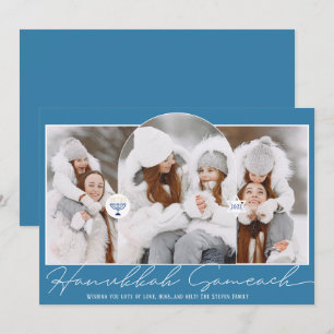 Hanukkah Sameach cool blue script menorah 3 foto's Feestdagenkaart