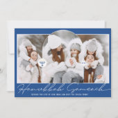 Hanukkah Sameach cool blue script menorah 3 foto's Feestdagenkaart (Voorkant)