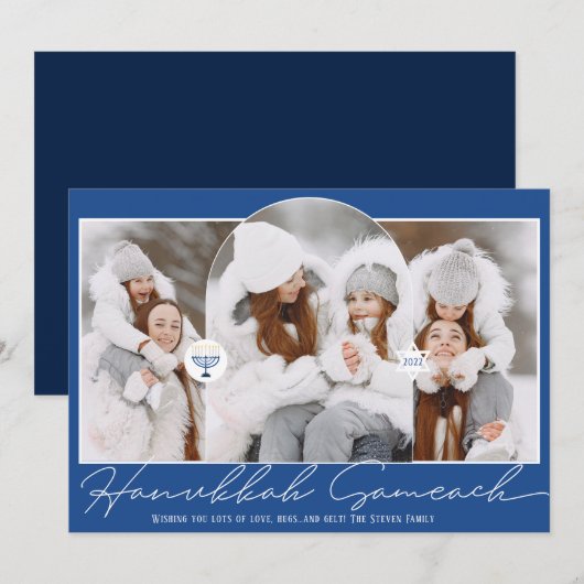 Hanukkah Sameach cool blue script menorah 3 foto's Feestdagenkaart (Voorkant / Achterkant)