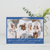 Hanukkah Sameach cool blue script menorah 3 foto's Feestdagenkaart (Staand voorkant)