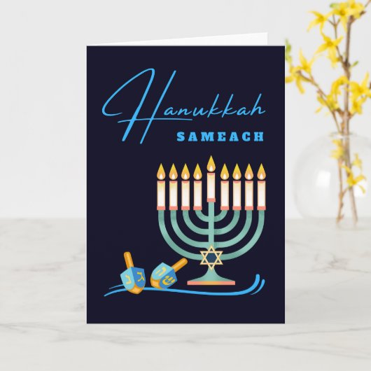 Hanukkah Sameach Menorah en Dreidels Kaart (Gele Bloem)