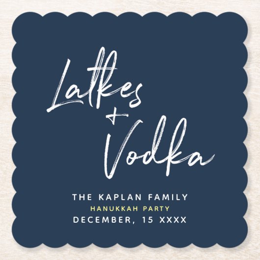 Hanukkah Script Latkes en Vodka Navy Onderzetters (Voorkant)