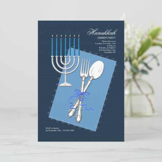 Hanukkah Silverware Dinner Party Invitation Kaart (Staand voorkant)