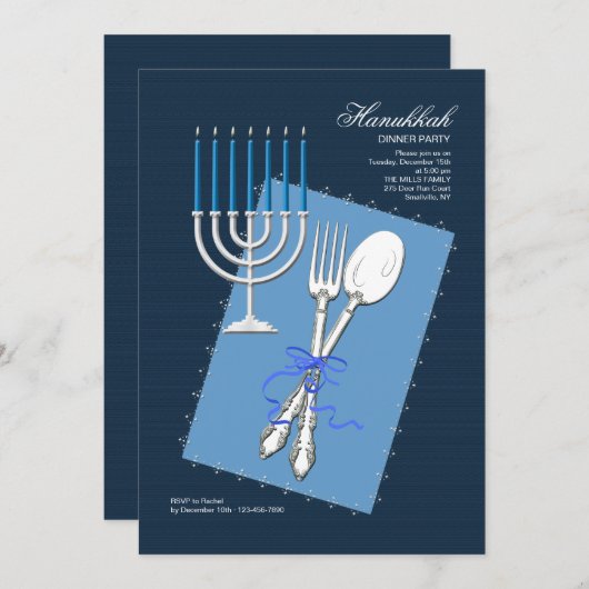 Hanukkah Silverware Dinner Party Invitation Kaart (Voorkant / Achterkant)