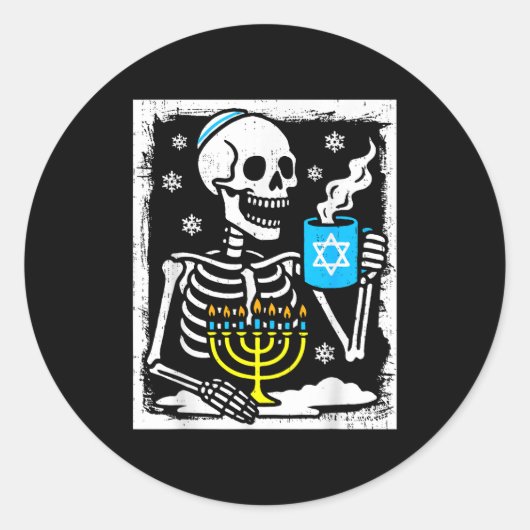 Hanukkah Skeleton Coffee Dreidel Jewish Menorah Ch Ronde Sticker (Voorkant)