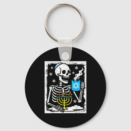 Hanukkah Skeleton Coffee Dreidel Jewish Menorah Ch Sleutelhanger (Voorkant)