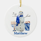 Hanukkah Snowman Blue Persoonlijke naam Menorah Keramisch Ornament (Voorkant)