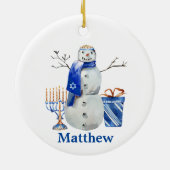 Hanukkah Snowman Blue Persoonlijke naam Menorah Keramisch Ornament (Achterkant)