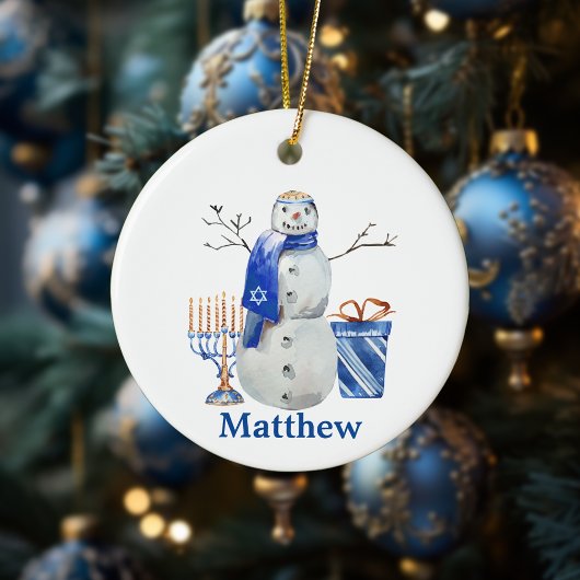 Hanukkah Snowman Blue Persoonlijke naam Menorah Keramisch Ornament