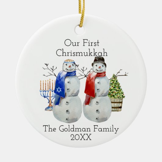 Hanukkah Snowman Kerstmis Onze eerste Chrismukkah Keramisch Ornament (Voorkant)