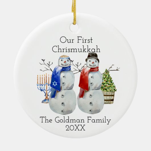Hanukkah Snowman Kerstmis Onze eerste Chrismukkah Keramisch Ornament (Achterkant)
