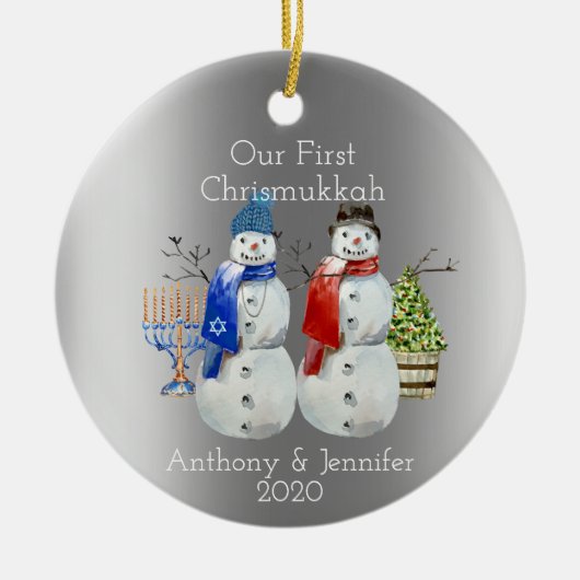 Hanukkah Snowman Kerstmis Onze eerste Chrismukkah  Keramisch Ornament (Voorkant)
