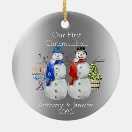 Hanukkah Snowman Kerstmis Onze eerste Chrismukkah  Keramisch Ornament (Achterkant)