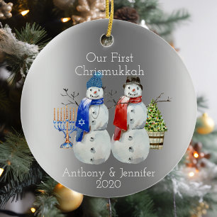 Hanukkah Snowman Kerstmis Onze eerste Chrismukkah  Keramisch Ornament