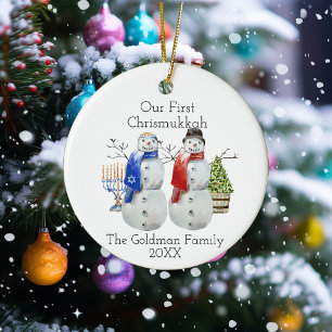 Hanukkah Snowman Kerstmis Onze eerste Chrismukkah Keramisch Ornament