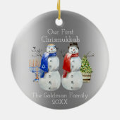 Hanukkah Snowman Kerstmis Onze eerste Chrismukkah Keramisch Ornament (Achterkant)
