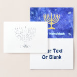 Hanukkah Snowstorm Menorah Folie Kaarten<br><div class="desc">Een golvend goud Hanukkah menorah en Happy Hanukkah in het blauw en witte tekst bovenop een blauw en wit fractaal afbeelding dat doet denken aan sneeuwvlokken in een storm. Chag Sameach!</div>
