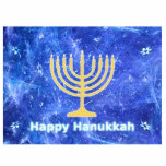 Hanukkah Snowstorm Menorah Fotobeeldje Magneet<br><div class="desc">Een golvend goud Hanukkah menorah en Happy Hanukkah in het blauw en witte tekst bovenop een blauw en wit fractaal afbeelding dat doet denken aan sneeuwvlokken in een storm. Chag Sameach!</div>