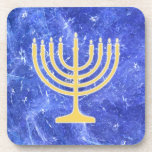 Hanukkah Snowstorm Menorah Onderzetter<br><div class="desc">Een gloeiend goud Hanukkah menorah bovenop een blauw en wit fractaal afbeelding dat doet denken aan sneeuwvlokken in een storm. Chag Sameach!</div>
