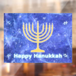 Hanukkah Snowstorm Menorah Raamsticker<br><div class="desc">Een golvende Hanukkah menorah en een tekst die "Happy Hanukkah" leest in blauw en wit, bovenop een blauw en wit fractaal afbeelding dat doet denken aan sneeuwvlokken in een storm. Chag Sameach!</div>