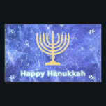 Hanukkah Snowstorm Menorah Rechthoekige Sticker<br><div class="desc">Een golvend goud Hanukkah menorah en Happy Hanukkah in het blauw en witte tekst bovenop een blauw en wit fractaal afbeelding dat doet denken aan sneeuwvlokken in een storm. Chag Sameach!</div>