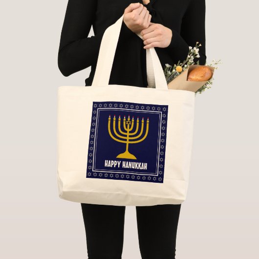 HANUKKAH Star David Menorah Personalized DARK BLUE Grote Tote Bag (Voorkant (product))