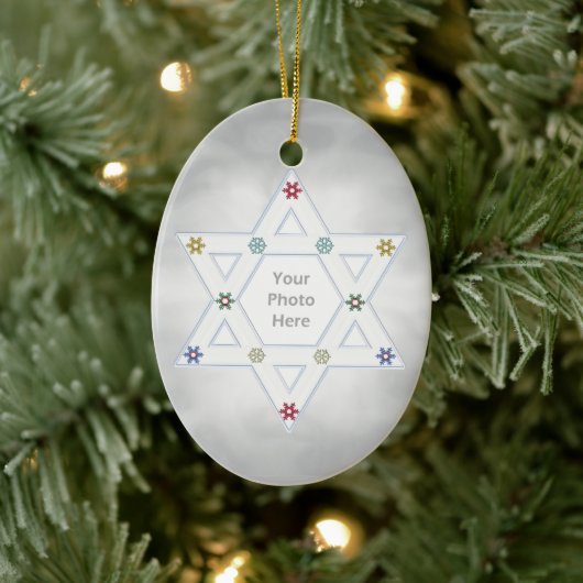 Hanukkah Star en Snowflakes Silver voor foto Keramisch Ornament (Boom)