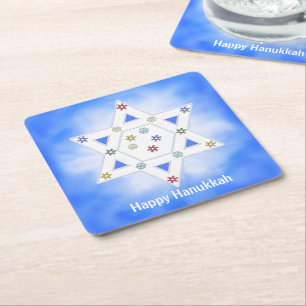 Hanukkah Ster en Sneeuwvlokken Blauw Kartonnen Onderzetters