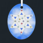 Hanukkah Ster en Sneeuwvlokken Blauw Metalen Ornament<br><div class="desc">Hangend ornament met mijn originele ontwerp voor Hanukkah van de Davidster met kleine kleurrijke sneeuwvlokken op een blauwe en witte vorstige achtergrond.</div>