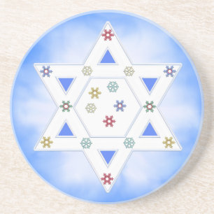 Hanukkah Ster en Sneeuwvlokken op Blauw Zandsteen Onderzetter