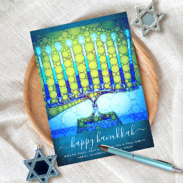 Hanukkah Stylish Blue Green Menorah op Blauwgroen  Feestdagenkaart