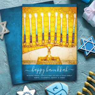 Hanukkah Stylish Yellow Gold Menorah op Blauwgroen Feestdagenkaart