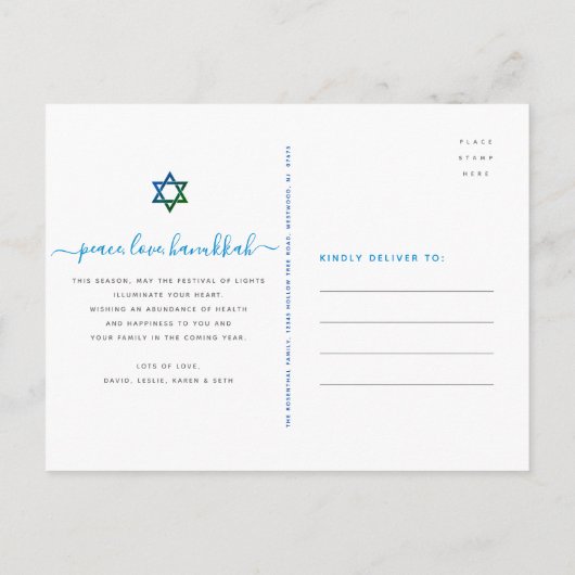 Hanukkah Stylish Yellow Gold Menorah Script Blauwg Feestdagenkaart (Achterkant)