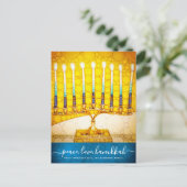Hanukkah Stylish Yellow Gold Menorah Script Blauwg Feestdagenkaart (Staand voorkant)