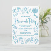 Hanukkah Teal Hand Drawn Doodles Whimsical Party Kaart (Staand voorkant)