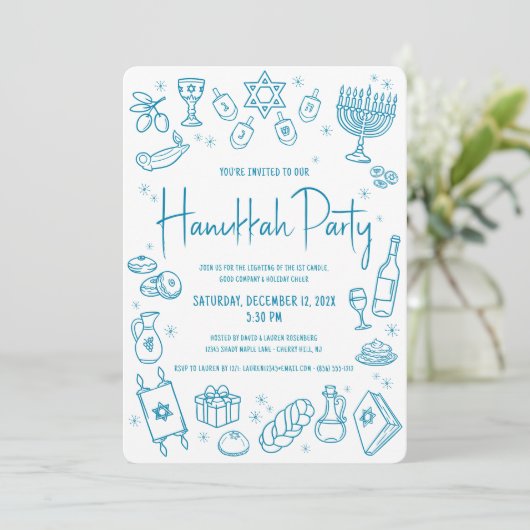 Hanukkah Teal Hand Drawn Doodles Whimsical Party Kaart (Staand voorkant)