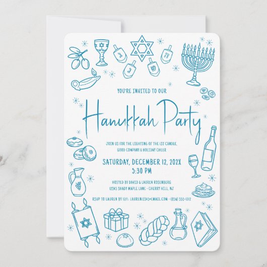 Hanukkah Teal Hand Drawn Doodles Whimsical Party Kaart (Voorkant)