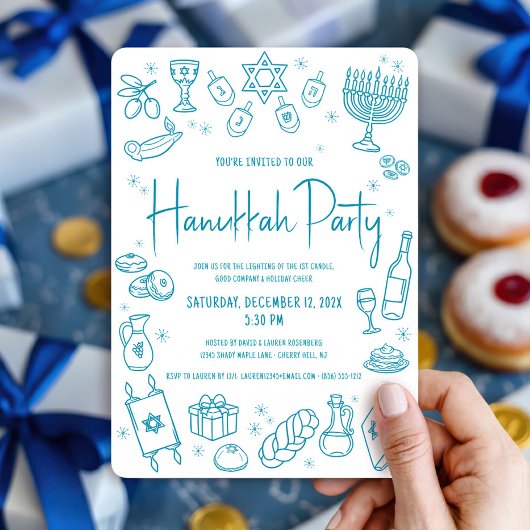 Hanukkah Teal Hand Drawn Doodles Whimsical Party Kaart