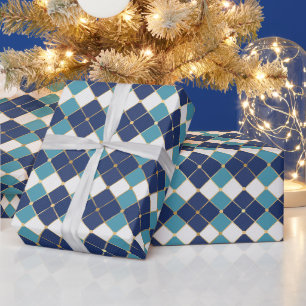 Hanukkah-tegel in blauwe inpakpapier