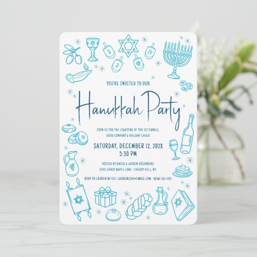 Hanukkah Turquoise Hand Drawn Doodle Playful Party Kaart (Staand voorkant)