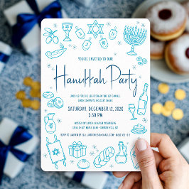 Hanukkah Turquoise Hand Drawn Doodle Playful Party Kaart