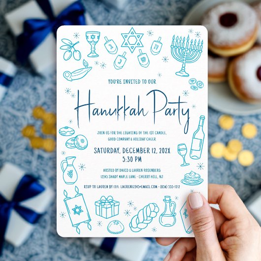 Hanukkah Turquoise Hand Drawn Doodle Playful Party Kaart