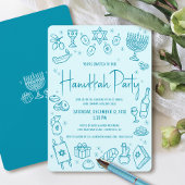 Hanukkah Turquoise Hand Drawn Fun Whimsical Party Kaart