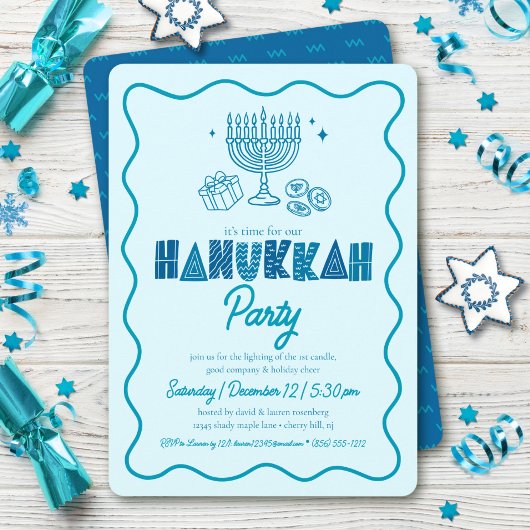 Hanukkah Turquoise Typografie Speelse Doodle Feest Kaart