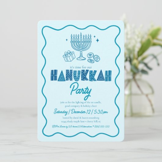 Hanukkah Turquoise Typography Playful Doodle Party Kaart (Staand voorkant)
