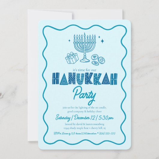 Hanukkah Turquoise Typography Playful Doodle Party Kaart (Voorkant)